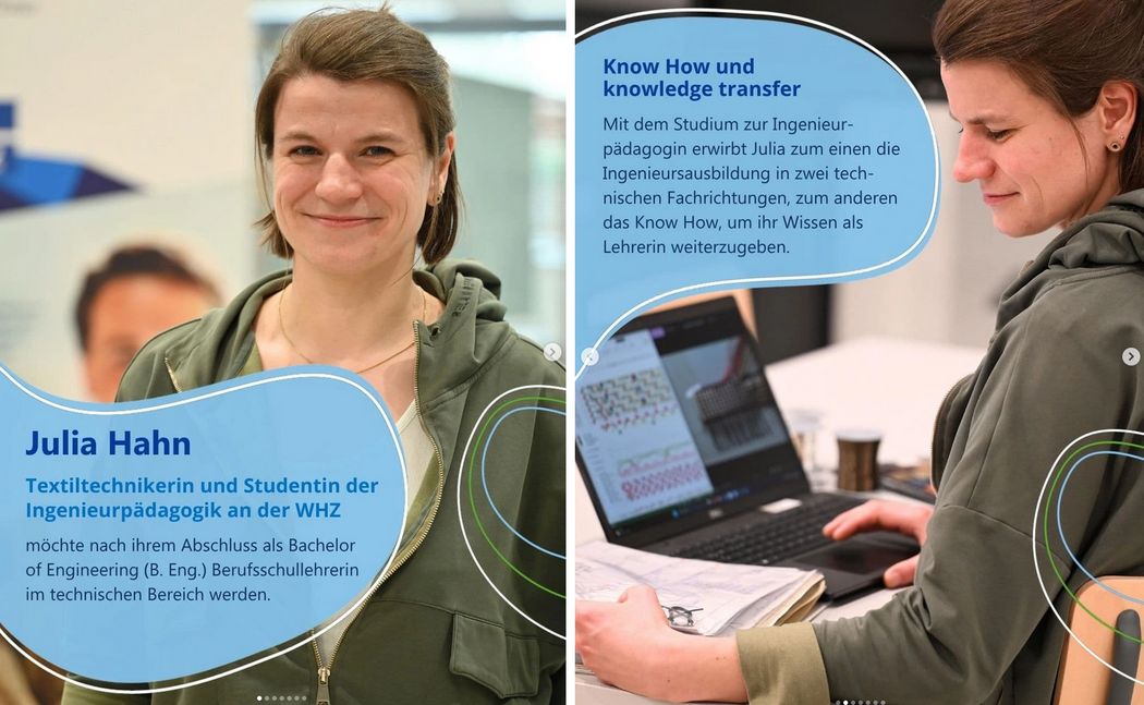Potrait von Studentin Julia Hahn. Sie möchte nach ihrem Bachelor Berufschullehrerin im technischen Bereich tätig werden. (Quelle: WHZ AMB / C. Keller)